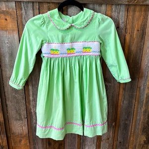 Marmelloto Light Green Smocked Birthday Dress- Corduroy Long Sleeve- Girls 6